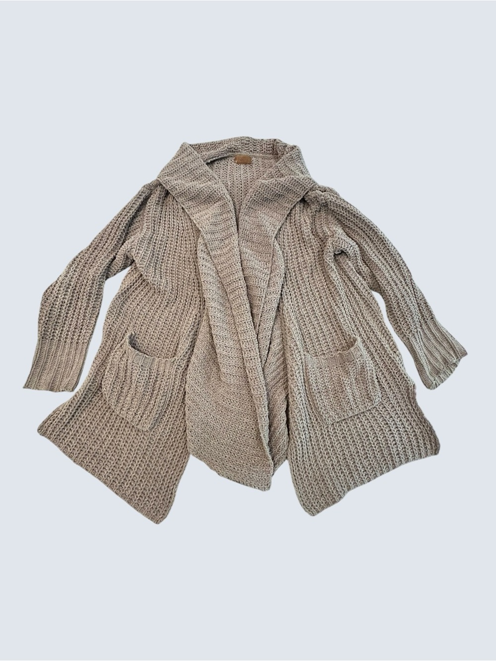 POL Open-Front Chunky Knit Cardigan Women’s S Pocketed Shawl Neck Beige Polyestr